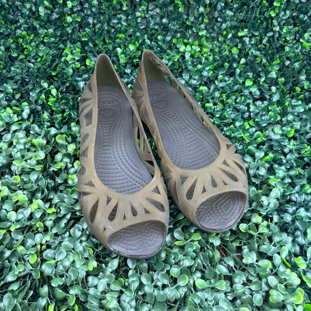 CROCS Olive Green Peep-Toe Laser-Cut Flats
